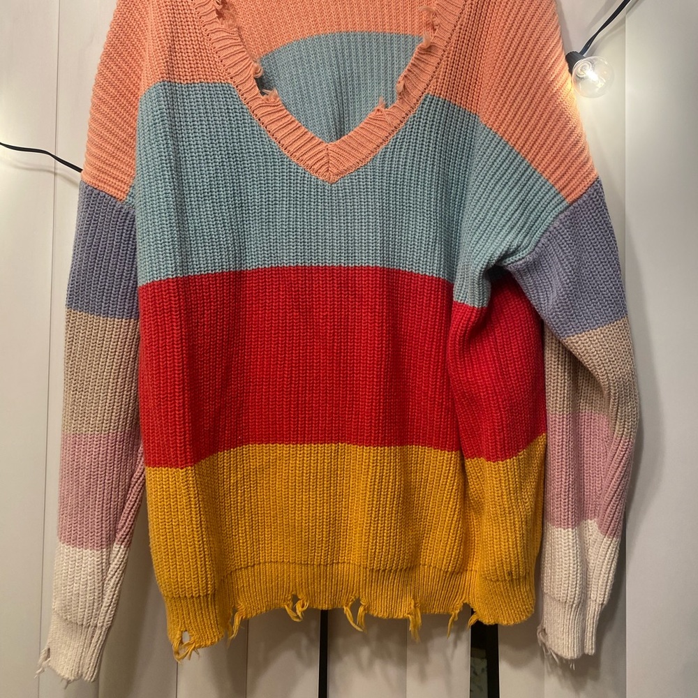 🌈 COLOR BLOCK DISTRESSED SWEATER 🌈  Size L